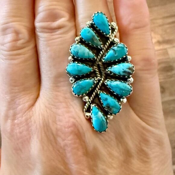 Kingman Turquoise 925 Sterling Silver Ring Statement Southwestern Cluster Size 5 - Picture 6 of 6